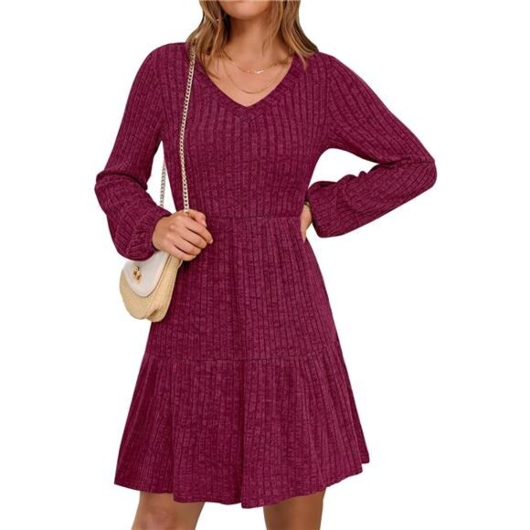 Women's Long Sleeve Ribbed Knit Flowy Swing Red - Picture 1 of 6